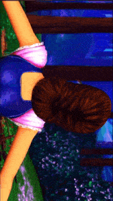 a girl with a bun in her hair is upside down in a video game