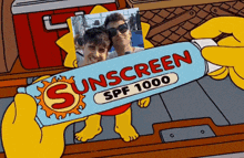 a cartoon character is holding a sunscreen spf 1000