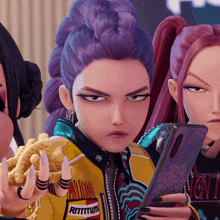 a cartoon character with purple hair and a jacket that says attitude