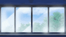 a painting of a window with a blue sky and trees in the background