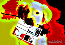 a colorful painting of a dog holding a card that says global marketing