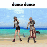 two video game characters are dancing on a beach with the words dance dance above them