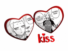 a couple of heart shaped buttons with the word kiss on the bottom