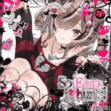 a girl in a red dress with a heart on it is surrounded by hearts .