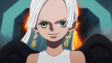 a girl with white hair and green eyes is wearing earrings