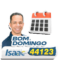 a man is smiling next to a calendar that says bom domingo on it