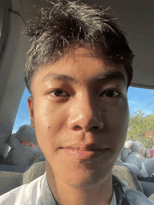 a young man sitting in a car with stuffed animals in the back seat