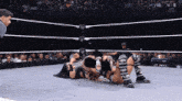 two women are wrestling in a wrestling ring with a w on the ring