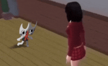 a girl in a red skirt stands next to two cartoon characters