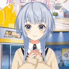 a girl with blue hair and yellow eyes is standing in front of a sign that says " love "