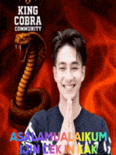 a man with his hands folded in front of a king cobra