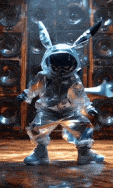 a person in a bunny costume is dancing in front of a bunch of speakers