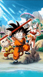 a group of cartoon characters including goku and bulma are standing next to each other