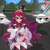 a red haired anime girl wearing sunglasses stands in front of a sign that says #ir on it