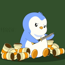 a penguin holding a sword is surrounded by empty coffee cups
