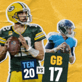 two football players standing next to each other with signs that say ten vs 17