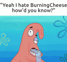 a cartoon of patrick from spongebob says " yeah i hate burning cheese how 'd you know ? "