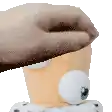 a pixel art of a person holding a cup with a big eye on it .