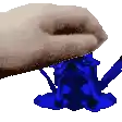 a hand is reaching out towards a blue object on a white background