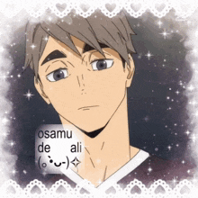 a drawing of a man with the words osamu de ali on it