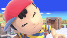 a cartoon character wearing a red hat and a yellow and blue striped shirt