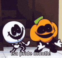 a cartoon of a skeleton and a pumpkin dancing with the words isa pride month below them