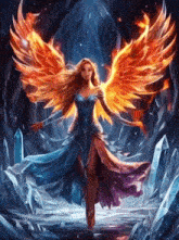 a woman with fire wings is standing in a cave surrounded by ice .