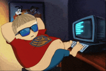 a cartoon character wearing sunglasses and a red shirt with the letter g on it