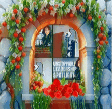 a sign that says unstoppable leadership spotlight is surrounded by flowers
