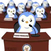 a cartoon of a penguin sitting at a table with a sign that says puggy penguins