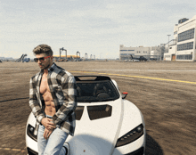 a man in a plaid shirt is standing next to a white car