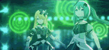 two anime girls are standing next to each other and holding hands in front of a green background .