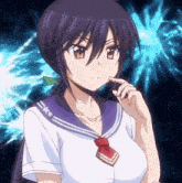 a girl with purple hair is wearing a sailor uniform and tie