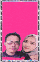 a man and a woman are standing next to each other on a pink background that says ' happy new year '