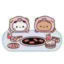 two pigs are sitting at a table with plates of food and drinks .