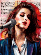 a woman singing into a microphone with music notes in the background