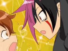 two anime characters are looking at each other and one has a red stripe on her face