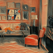a painting of a living room with a couch and chair and a lamp