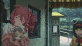 a girl with red hair is holding a stuffed animal while another girl looks on