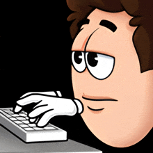 a cartoon character with big eyes is typing on a computer keyboard