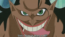 a close up of a cartoon character with the words você e usuario de akuma no mi