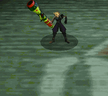 a video game character is holding a colorful object in his hands