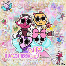 a picture of three cartoon characters with the words " i love you " on the bottom