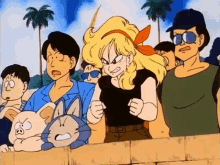a group of cartoon characters are standing next to each other and one of them has sunglasses on