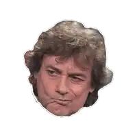 a sticker of a man 's face with a slight smirk on his face