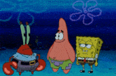 spongebob and patrick are standing next to each other in the water