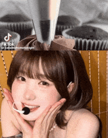 a girl with a microphone in her mouth is next to a picture of a cupcake