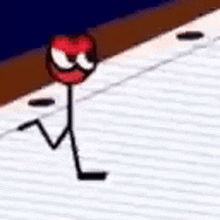 a stick figure with a red heart on its head is running on a piece of paper .