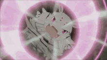 a white spider with pink eyes is surrounded by a pink circle .