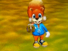 a cartoon squirrel wearing a blue jacket and holding a nut is standing in the grass .